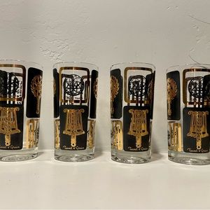 Mid-Century Black & Gold Cocktail Tumblers With Trivets- Set of 4